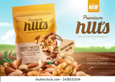 Premium nuts ads on bokeh blue sky and wooden table in 3d illustration