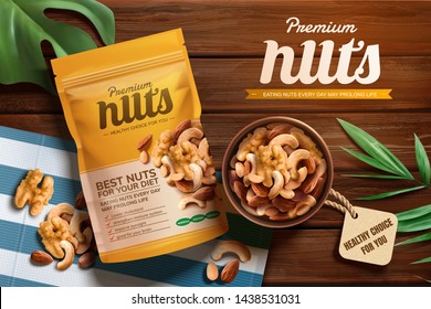 Premium nuts ads on wooden table with tropical leafs in 3d illustration