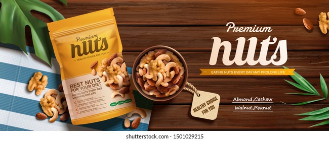 Premium nuts banner ads on wooden table in top view perspectives