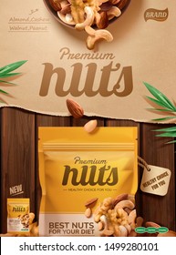 Premium Nuts Poster Ads On Wooden Table And Kraft Paper Background, 3d Illustration