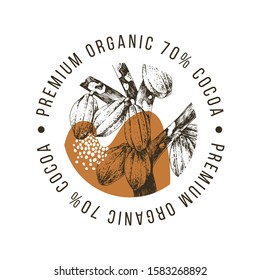 Premium organic cocoa label with hand drawn cocoa beans on the thee. Vector illustration