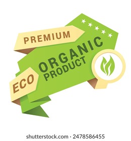 Premium organic eco product green badge design template isometric vector illustration. Ecology bio environmental friendly natural food healthy lifestyle emblem high quality nourishment insignia label