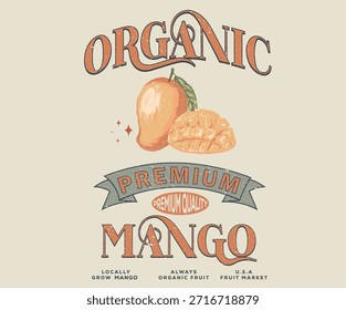 Diseño orgánico de la fruta del mango de Premium. Fruta de mango fresca con estampado. Obra de arte de camiseta de mango dulce y jugoso.