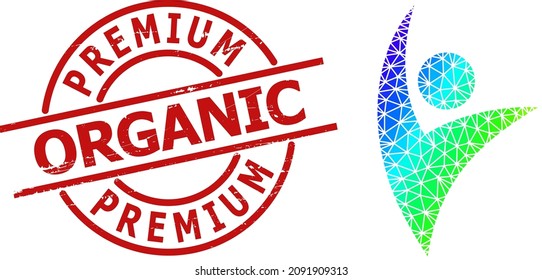 Premium Organic textured stamp print, and low-poly spectrum colored eco man icon with gradient. Red stamp seal has PREMIUM ORGANIC tag inside circle and lines template.