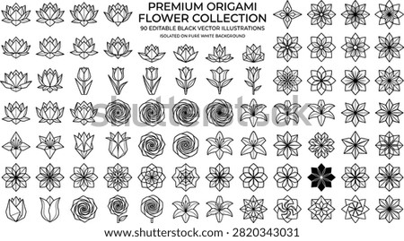 Premium origami flower collection featuring geometric paper lotus tulip rose lily and mandala outline vector icons isolated on white background