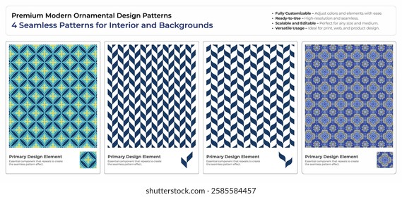 Premium Ornamental Seamless Patterns- 4 Intricate Vector Designs for Interior, Fabric and Texture Backgrounds