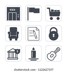 Premium outline, fill icons set on white background . Such as wall, cart, file, music, sofa, fire, white, transportation, commerce, lock, emblem, armchair, furniture, business, collection, finance