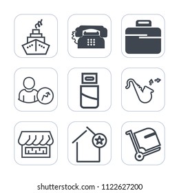 Premium outline, fill icons set on white background . Such as diagram, luggage, phone, musical, usb, house, mobile, shop, case, power, call, favorite, , graph, plug, airport, curtain, jazz, telephone