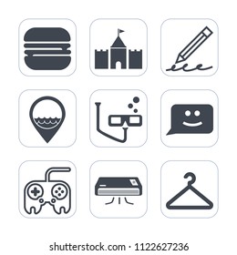 Premium outline, fill icons set on white background . Such as location, map, burger, cloakroom, scuba, fashion, tower, meat, sport, technology, sign, snack, air, chat, conditioner, face, fast, white