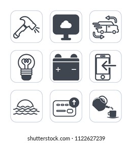 Premium outline, fill icons set on white background . Such as battery, screwdriver, technology, nature, electric, hammer, internet, finance, cash, web, drink, bulb, lamp, service, cloud, transport