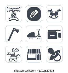 Premium outline, fill icons set on white background . Such as toy, landmark, pacifier, child, television, communication, grocery, music, paperclip, paper, radio, film, kid, baby, hammer, sound, sport