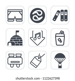 Premium outline, fill icons set on white background . Such as igloo, juice, white, house, file, parachute, summer, pattern, cocktail, ice, sky, wear, folder, sport, tag, short, music, sale, glass, mon