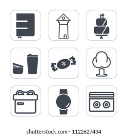 Premium outline, fill icons set on white background . Such as pie, cafe, music, sweet, candy, box, dessert, architecture, travel, nature, cup, notebook, tower, landscape, food, time, business, watch