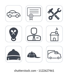 Premium outline, fill icons set on white background . Such as employee, honor, transport, people, equipment, elegant, wrench, home, construction, achievement, map, hammer, car, cab, style, traffic