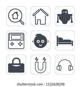 Premium outline, fill icons set on white background . Such as sound, property, button, kid, architecture, machine, bed, background, search, field, computer, online, construction, magnetic, bedroom