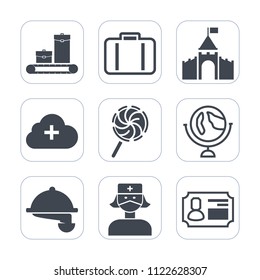 Premium outline, fill icons set on white background . Such as medical, kingdom, health, building, castle, medieval, waiter, sweet, technology, tourism, globe, terminal, candy, architecture, old, web