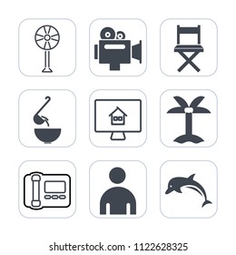 Premium outline, fill icons set on white background . Such as video, spoon, electric, soup, seat, male, object, leaf, estate, summer, stationary, wildlife, fan, online, cooler, camera, professional
