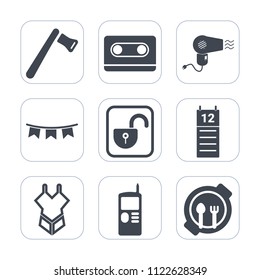 Premium outline, fill icons set on white background . Such as telephone, lock, woman, summer, celebration, swimsuit, plate, food, dryer, tape, tool, screwdriver, agenda, pliers, hammer, repair, open