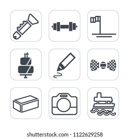 Premium outline, fill icons set on white background . Such as camera, vessel, tie, gym, pie, office, building, video, pen, jazz, film, sound, sea, handle, brick, musical, beach, orchestra, ocean, bow