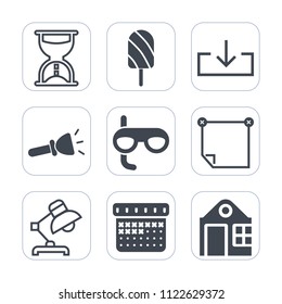 Premium outline, fill icons set on white background . Such as note, sport, web, real, light, sign, electric, building, flashlight, cold, interior, hour, download, timer, schedule, home, paper, snack
