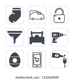 Premium outline, fill icons set on white background . Such as safe, security, spring, equipment, work, hand, air, red, sock, mobile, gray, road, unlock, drill, transport, winter, clothes, car, traffic