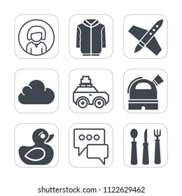 Premium outline, fill icons set on white background . Such as young, luggage, jacket, bubble, bag, rubber, speech, travel, play, observatory, science, spaceship, lady, style, child, pretty, clothes