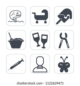 Premium outline, fill icons set on white background . Such as summer, cream, strawberry, bowl, alcohol, fish, meal, dessert, reparation, beauty, industrial, vanilla, seafood, white, noodle, wine, sea