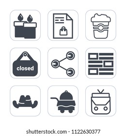 Premium outline, fill icons set on white background . Such as cap, cup, coffee, flame, wax, internet, grocery, hotel, decoration, candlelight, news, note, mug, list, newspaper, bedroom, christmas, bed