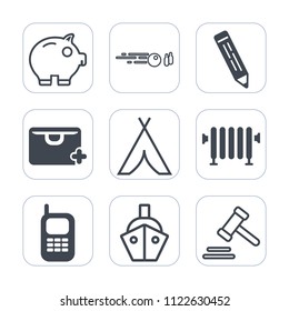 Premium outline, fill icons set on white background . Such as adventure, ball, old, phone, bowl, sport, justice, communication, vessel, bowling, courthouse, bank, lawyer, financial, home, boiler, camp
