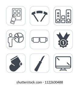 Premium outline, fill icons set on white background . Such as internet, modern, digital, skydiving, extreme, hand, award, warm, business, air, fashion, parachuting, play, jump, device, button, meeting