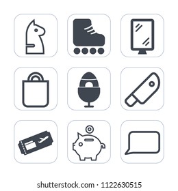 Premium outline, fill icons set on white background . Such as game, celebration, kitchen, present, skating, horse, knife, chessboard, street, piece, easter, fun, sport, competition, decoration, food