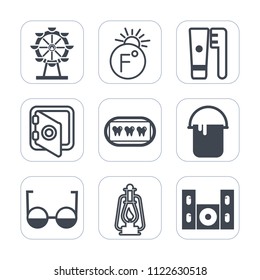 Premium outline, fill icons set on white background . Such as travel, fun, healthy, interior, home, eye, security, hygiene, health, fahrenheit, scale, safety, lamp, lantern, vintage, speaker, color