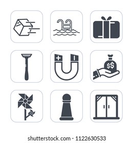 Premium outline, fill icons set on white background . Such as holiday, shipping, spring, sack, money, nature, house, business, game, razor, leisure, package, strategy, modern, transport, bag, swimming