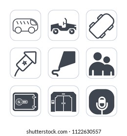 Premium outline, fill icons set on white background . Such as traffic, bank, automotive, left, elevator, highway, festival, music, event, sky, move, skateboarder, finance, kite, summer, skate, bus