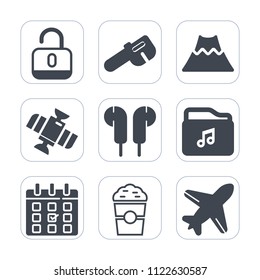 Premium outline, fill icons set on white background . Such as orbit, protection, space, day, repair, airplane, drink, audio, volcano, wrench, aircraft, spanner, cafe, lock, safe, shop, timetable, file