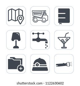 Premium outline, fill icons set on white background . Such as glass, car, pin, juice, document, navigation, table, tipper, summer, interior, water, book, tap, flashlight, cocktail, sink, hat, object