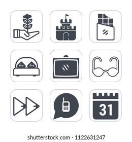 Premium outline, fill icons set on white background . Such as food, fashion, phone, dessert, garden, time, button, entertainment, home, sun, ringing, bedroom, communication, background, white, plant