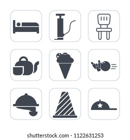 Premium outline, fill icons set on white background . Such as travel, hat, sport, bowling, service, clothing, food, pump, road, waiter, power, ball, background, armchair, beverage, waitress, gas, bed