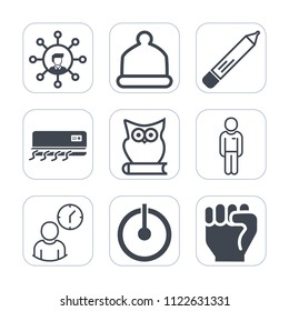 Premium outline, fill icons set on white background . Such as technology, clock, business, conditioner, human, phone, work, air, fashion, mobile, concept, hat, off, button, communication, style, man