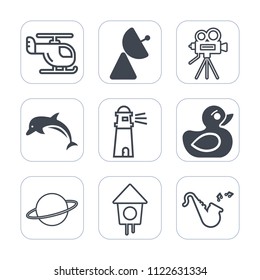 Premium outline, fill icons set on white background . Such as wildlife, astronomy, planet, bird, sky, flight, fly, air, video, movie, transportation, aircraft, trumpet, tripod, signal, rubber, nature