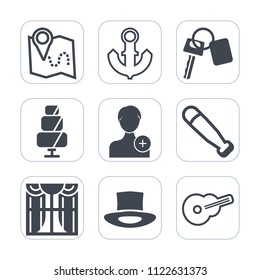 Premium outline, fill icons set on white background . Such as guitar, person, map, equipment, automobile, white, vehicle, location, travel, bat, vessel, interior, food, gps, sweet, cake, pin, anchor