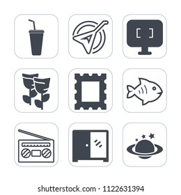 Premium outline, fill icons set on white background . Such as seafood, sign, spring, audio, blossom, sound, glass, cold, musical, melody, monitor, furniture, food, play, frame, border, cabinet, fish