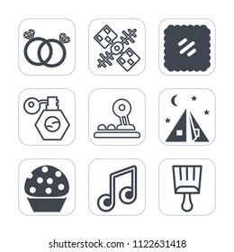 Premium outline, fill icons set on white background . Such as cake, note, science, wireless, sound, paintbrush, romance, web, dessert, brush, wedding, communication, gift, earth, adventure, sweet