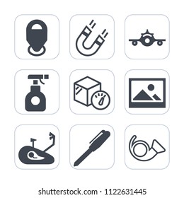 Premium outline, fill icons set on white background . Such as departure, fitness, pole, pen, north, old, flight, sign, chemical, bugle, pin, picture, pesticide, weight, stationery, trumpet, location