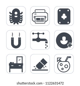 Premium outline, fill icons set on white background . Such as cabinet, play, humanoid, magnet, eraser, glass, creature, furniture, juice, poker, account, water, white, casino, monster, energy, faucet