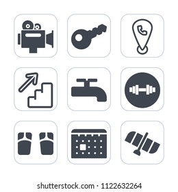 Premium outline, fill icons set on white background . Such as film, space, upstairs, gym, downstairs, calendar, up, house, media, equipment, sign, flip, phone, map, location, lock, planet, lens, orbit