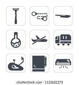 Premium outline, fill icons set on white background . Such as science, knife, lab, blade, airplane, link, razor, no, travel, transportation, truck, equipment, metal, airport, kitchen, fitness, web