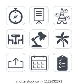 Premium outline, fill icons set on white background . Such as eiffel, schedule, speaker, tropical, business, check, home, summer, people, download, time, east, tower, seminar, meeting, calendar, north