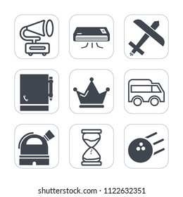 Premium outline, fill icons set on white background . Such as entertainment, king, time, travel, left, record, electric, flight, fun, aircraft, retro, temperature, vintage, conditioning, crown, hour