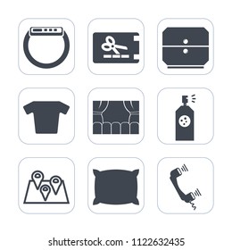 Premium outline, fill icons set on white background . Such as shirt, gift, call, pillow, label, gadget, entertainment, home, cabinet, smart, paper, touch, clothing, t-shirt, map, banner, discount, pin